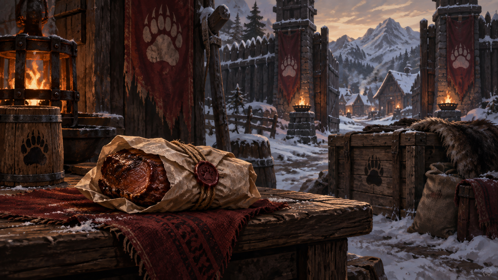 Original illustration of a cooked meat supply outside a snowy village