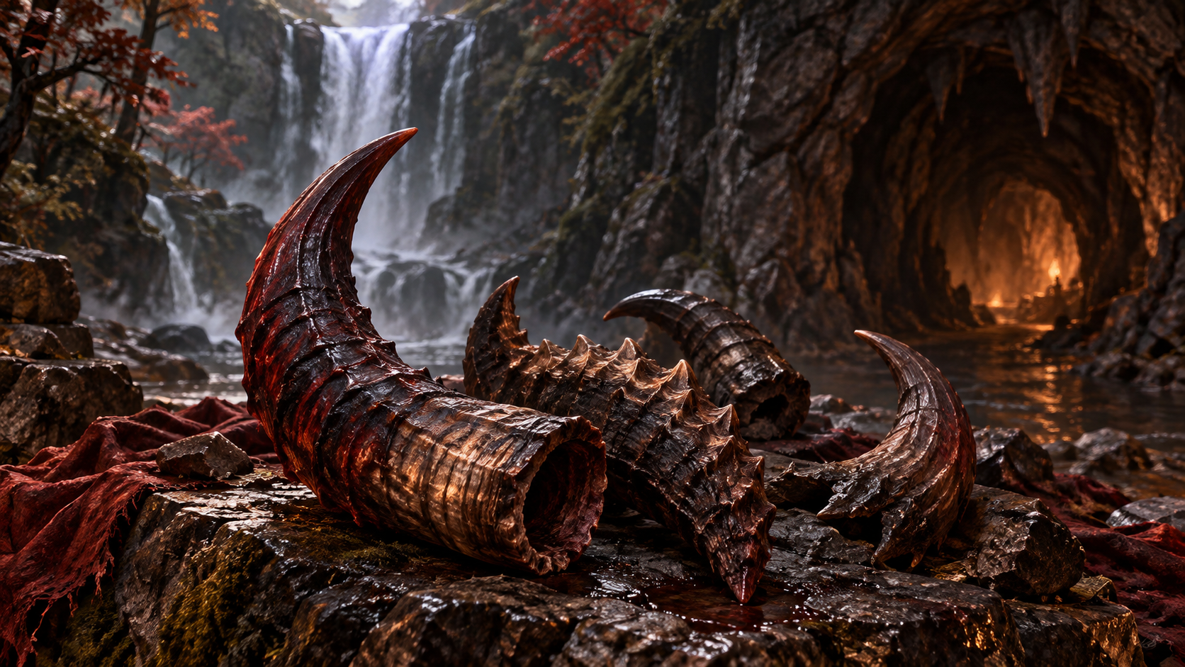 Original illustration of demon horn materials near a waterfall cave