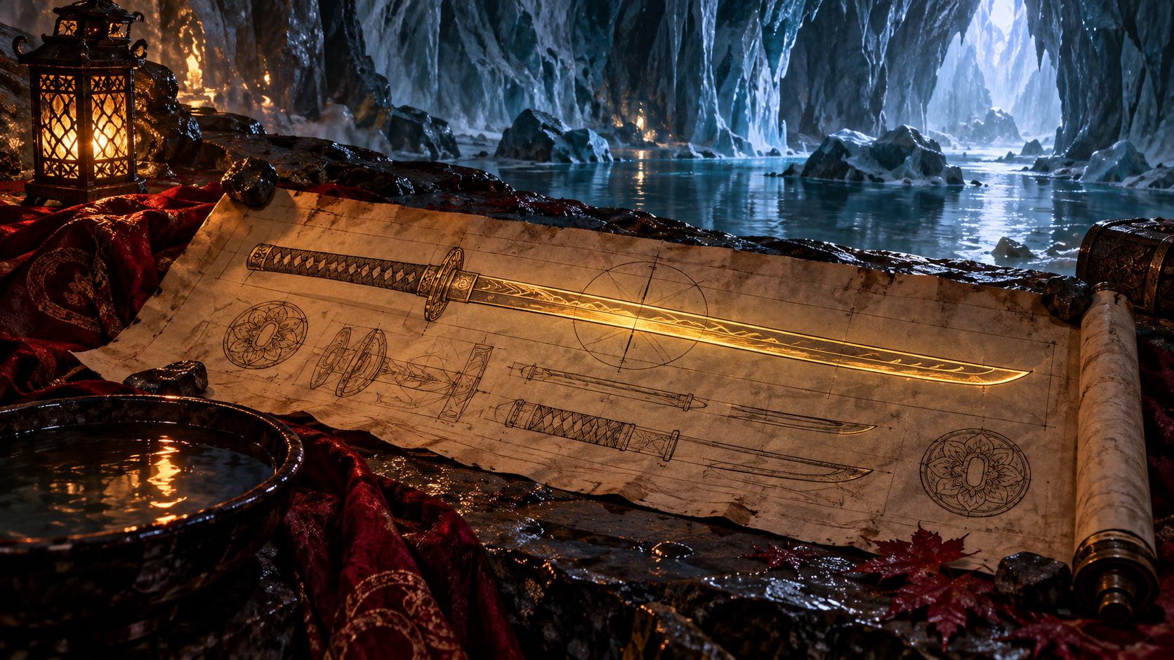 Original illustration of a katana schematic in an icy cave