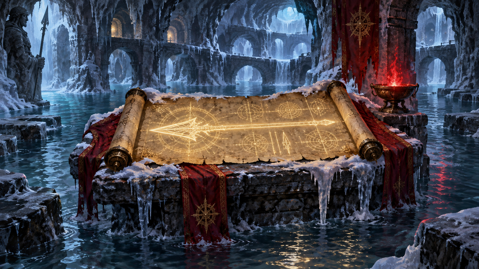 Original illustration of a spear schematic in a frozen underwater maze