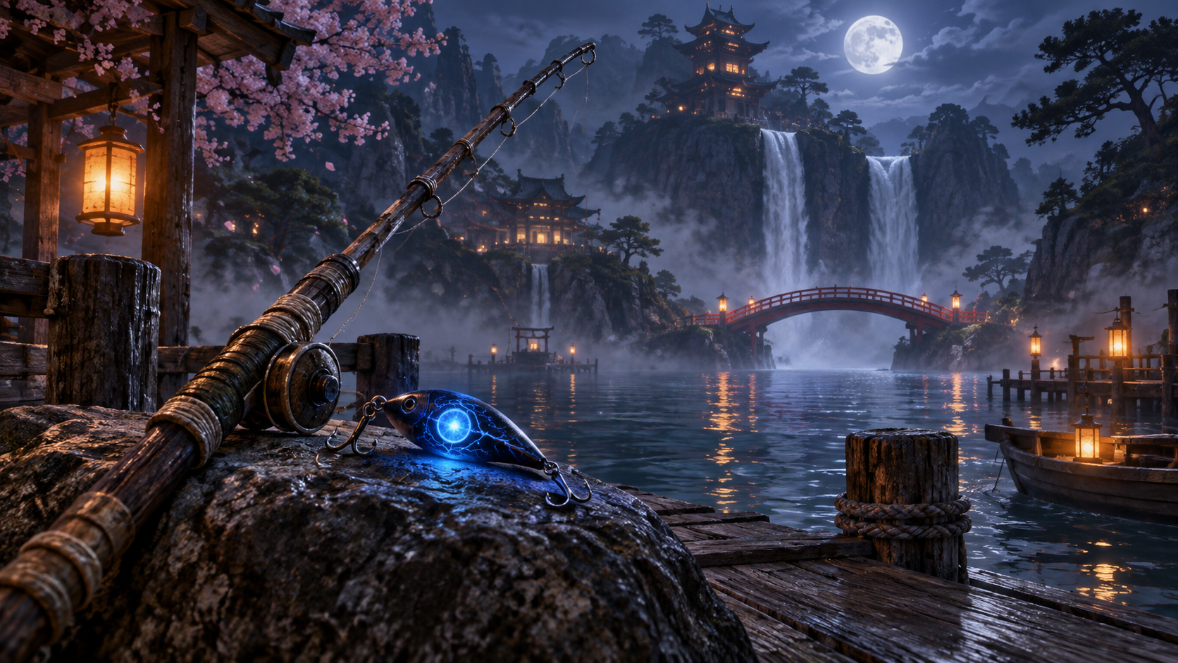 Original illustration of a fishing rod and lure near a red bridge and waterfall