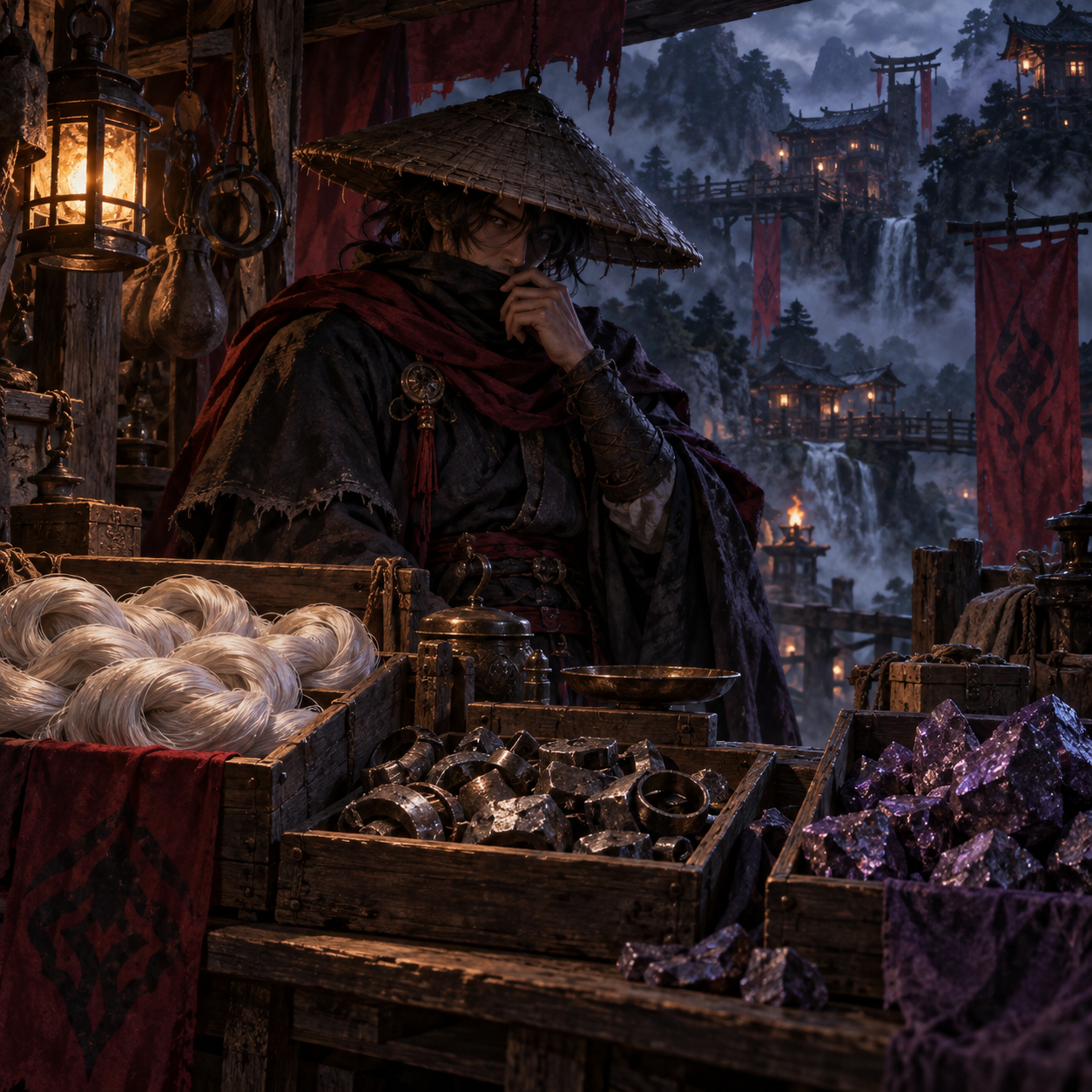 Original concept illustration of a forge-material merchant with silk, scrap and ore