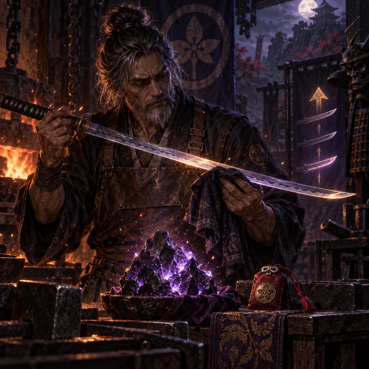Original concept illustration of a weapon refiner inspecting a katana and ore