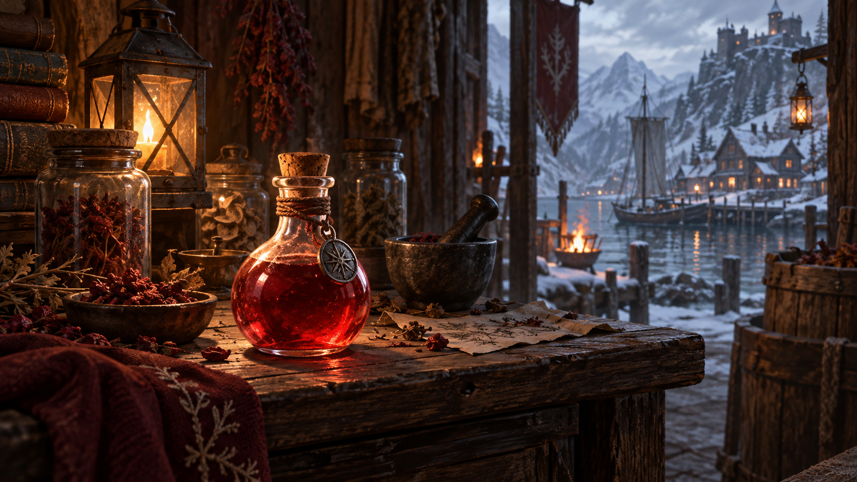 Original illustration of a red health elixir at a harbor alchemist shop