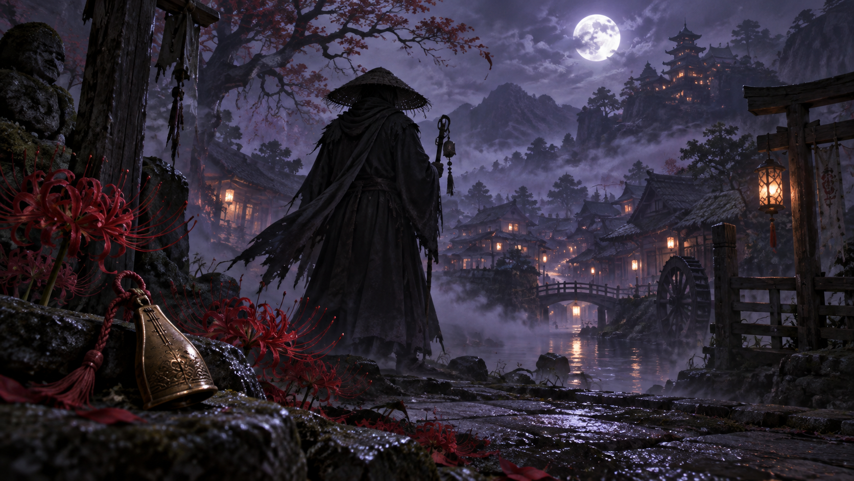 Original concept illustration of a night quest giver, bell and spider lilies