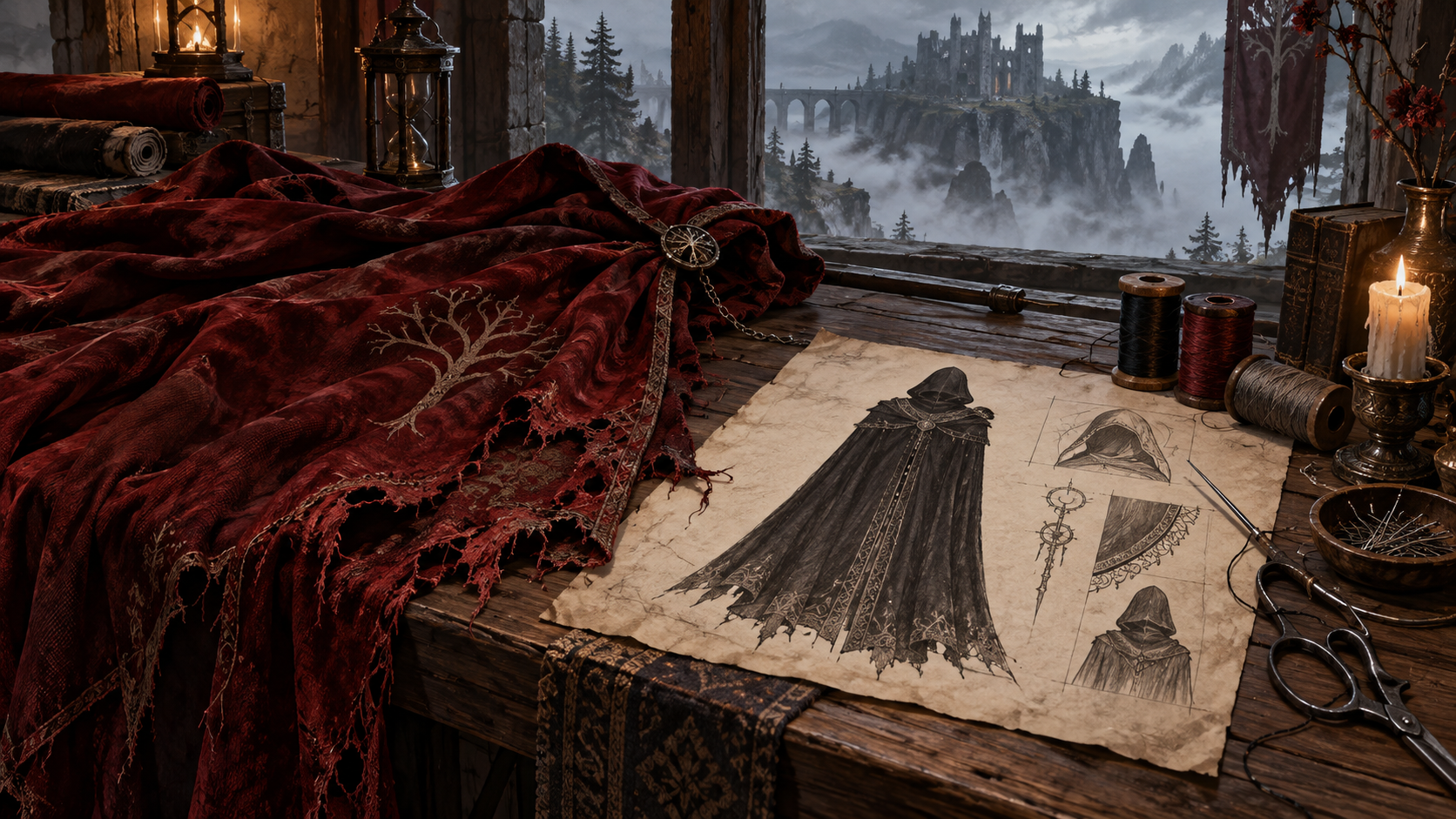 Original illustration of a torn cape and drawn cloak pattern
