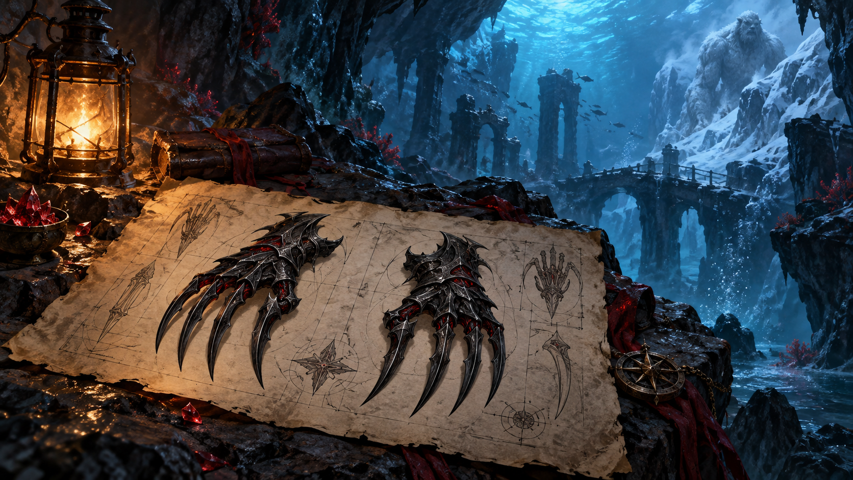 Original illustration of claw schematics beside a snowy underwater cave