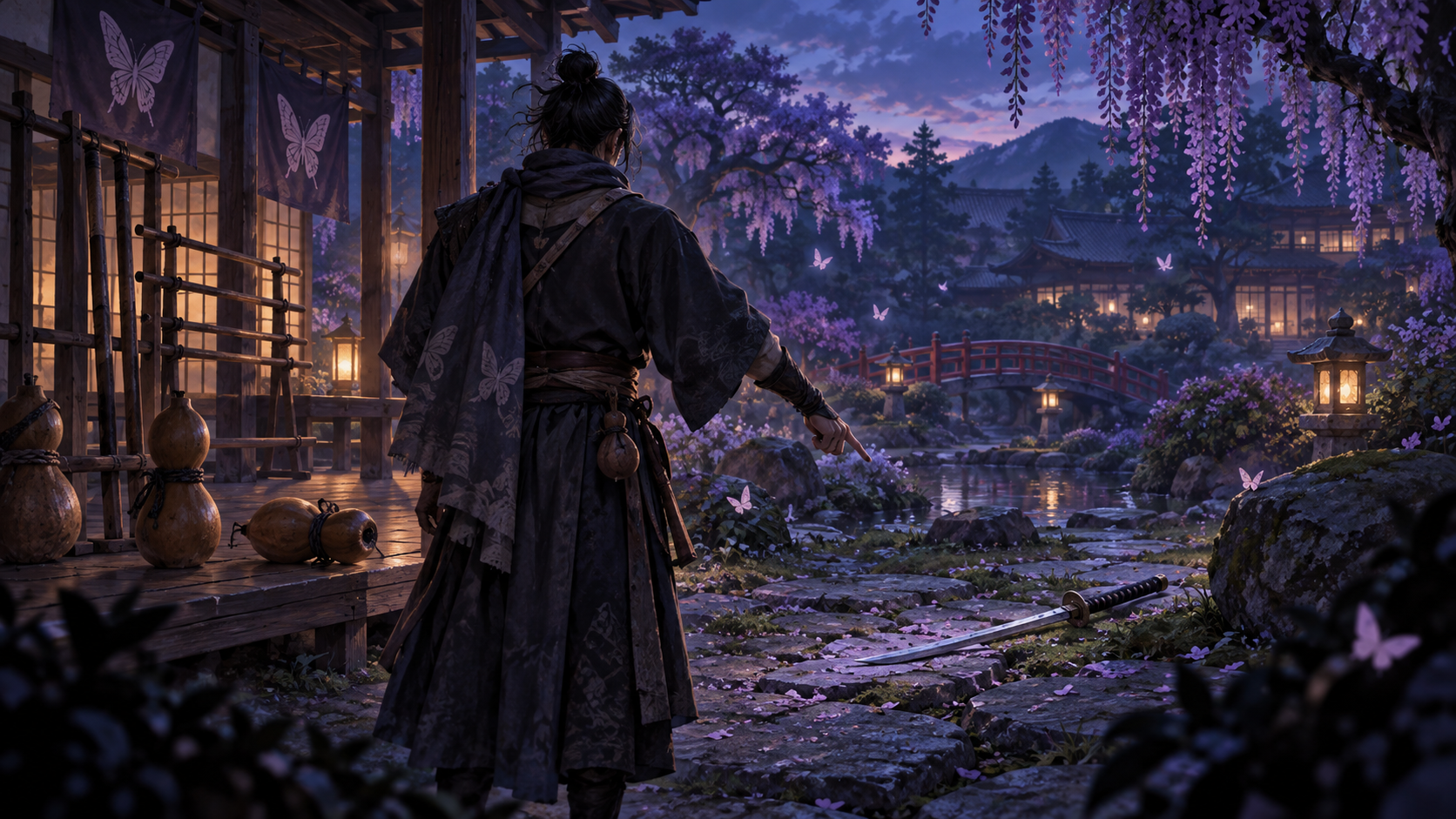 Original concept illustration of an anonymous trainer and a lost katana at a garden
