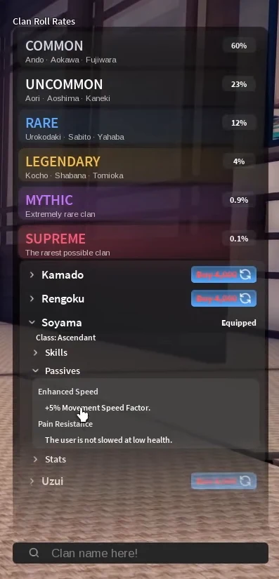 Soyama clan passive menu in Slayers 2