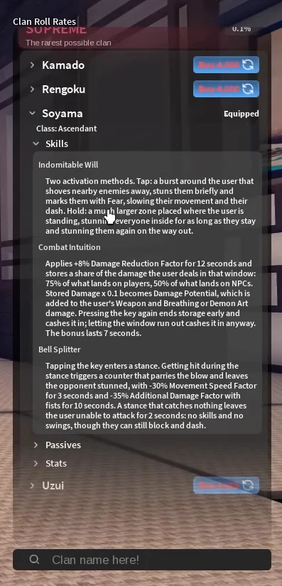 Soyama clan ability menu in Slayers 2