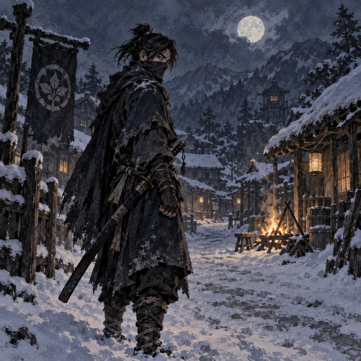 Original illustration of a masked trainee in an Iceveil settlement