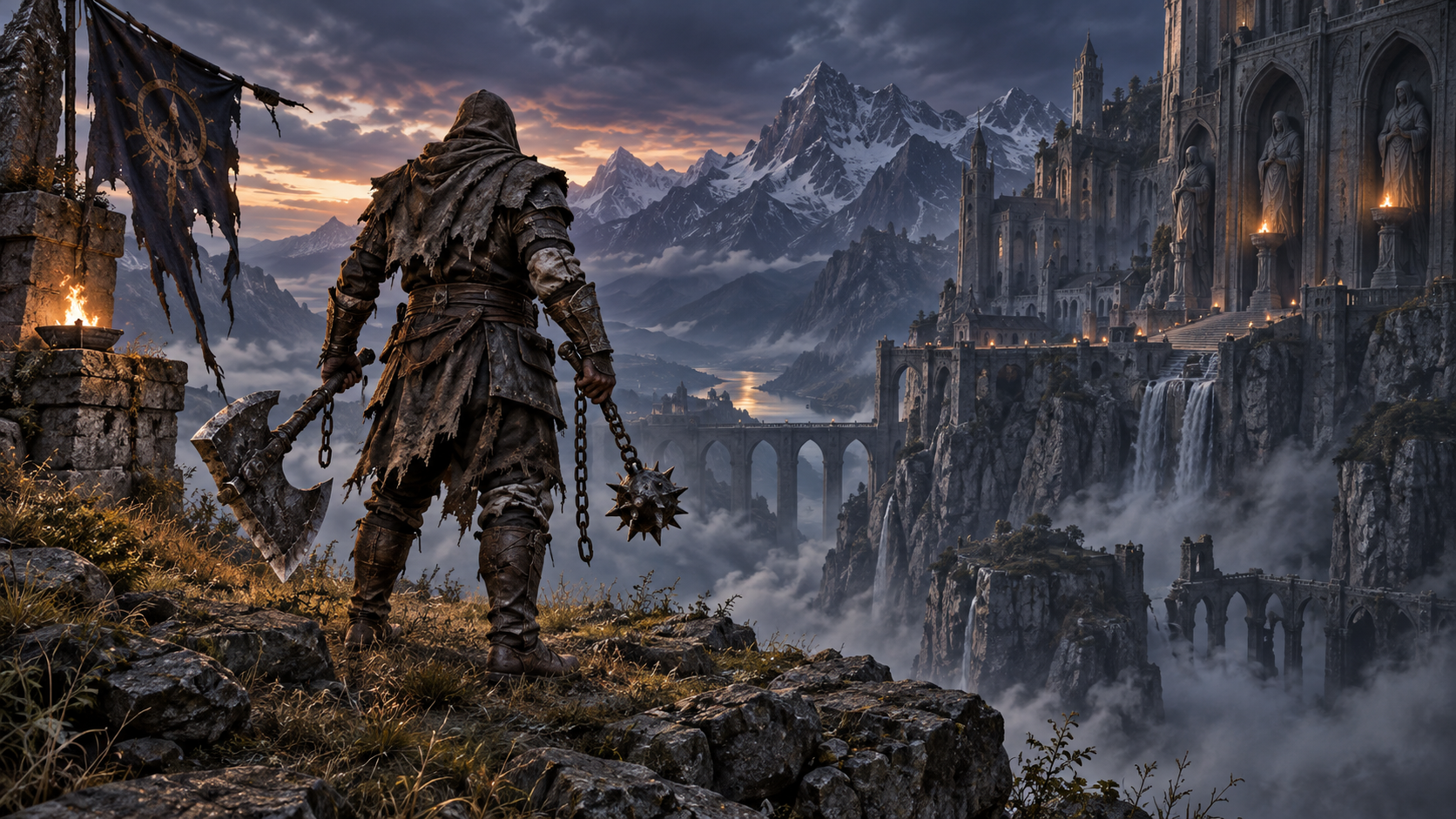 Original concept art of a stone trainee near a sanctuary