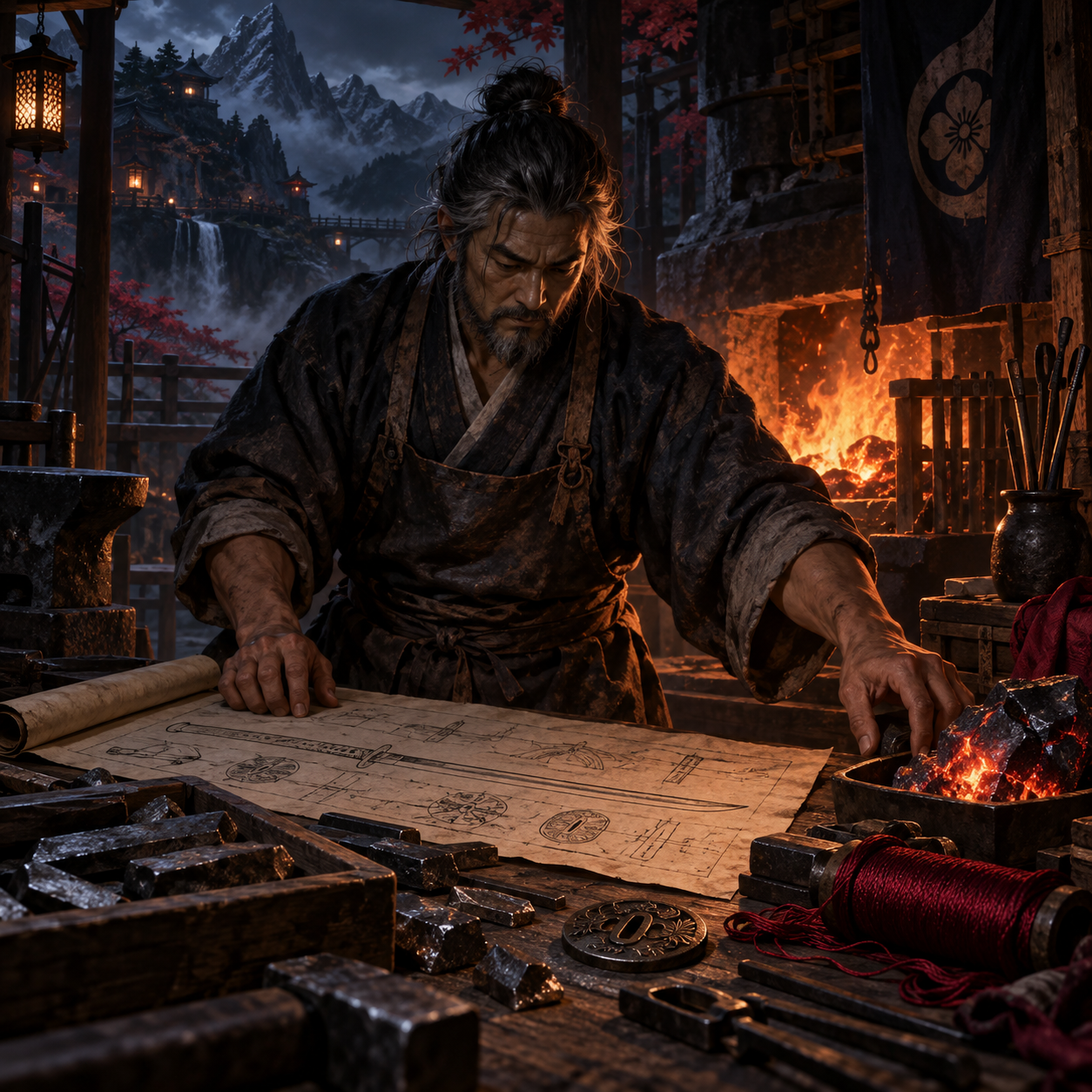 Original concept illustration of a blacksmith planning a katana and material exchange
