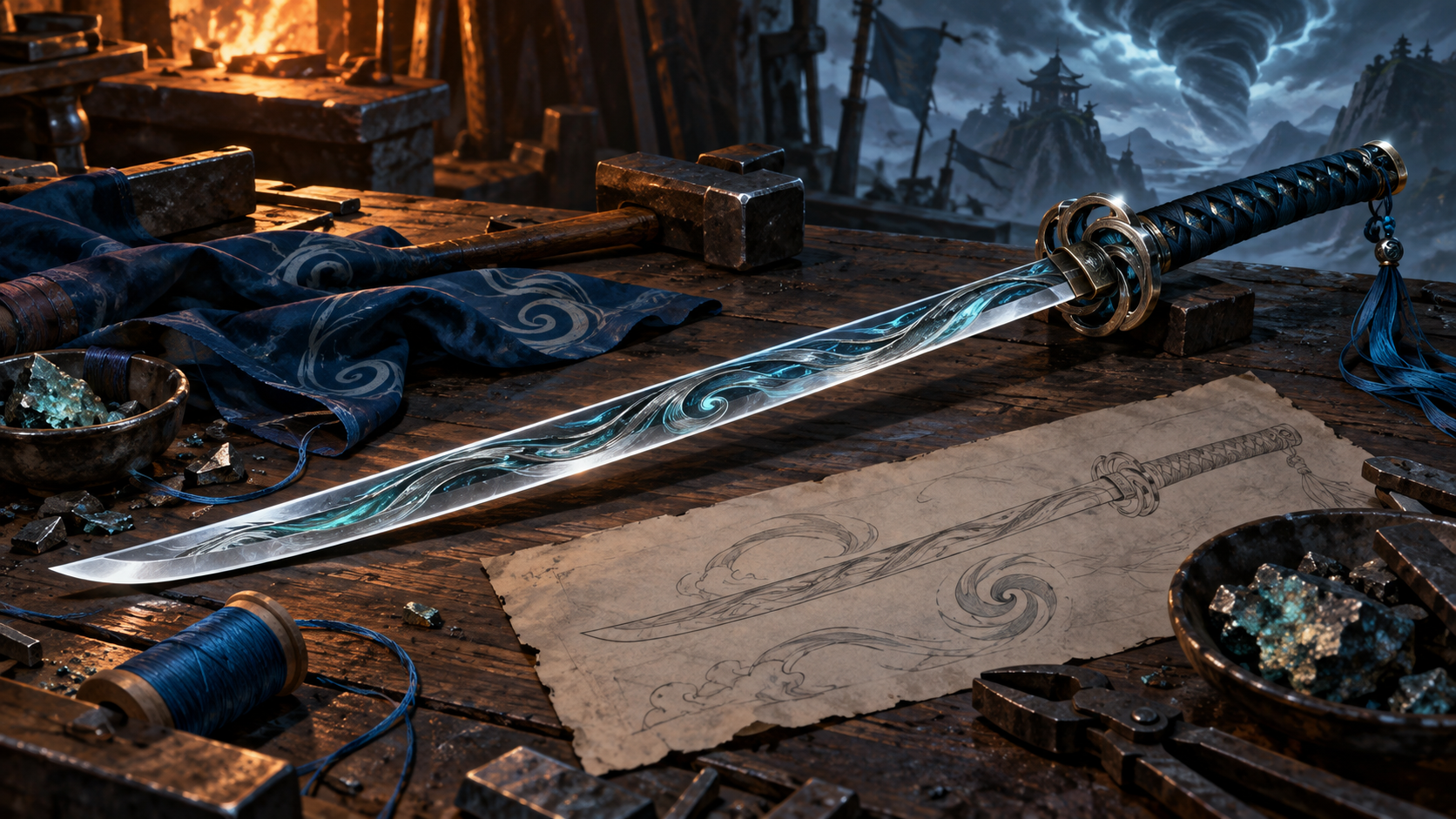 Original concept illustration of a wind-themed katana at a forge